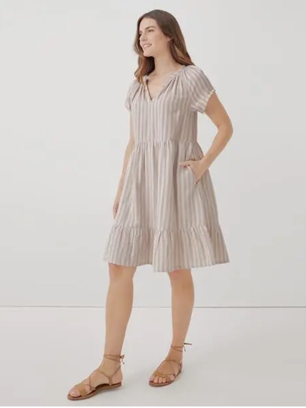 NWT Pact Cream and Light Gray Striped V‑Neck Tiered Dress - Picture 2 of 5